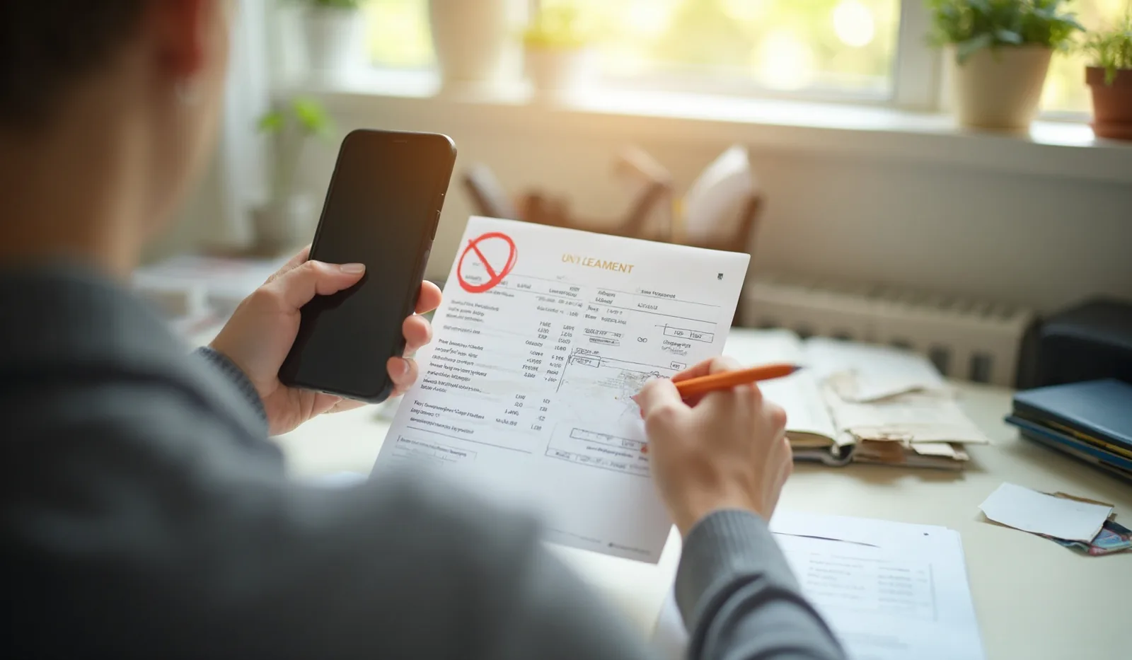 Seen from behind at a home-office desk on a weekday morning, someone holds a phone to their ear with one hand while pressing a finger against a printed bank statement circled in red pen with the other, a small stack of unopened mail and a torn-up membership card resting nearby, bright window light across the desk