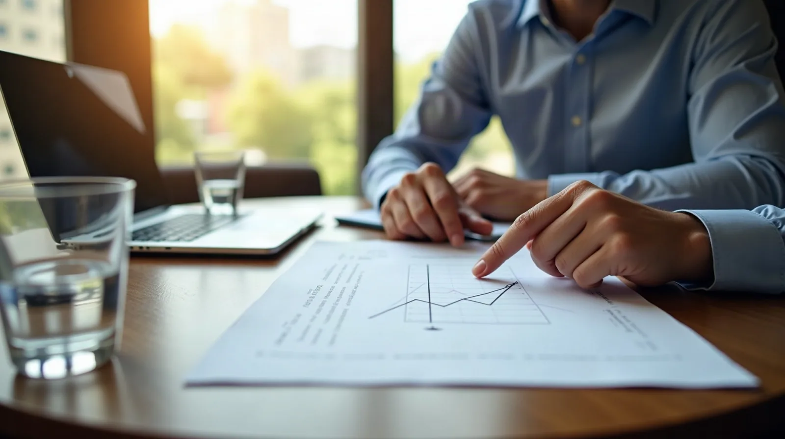 A couple reviewing a printed policy illustration page with an insurance agent at a small office table
