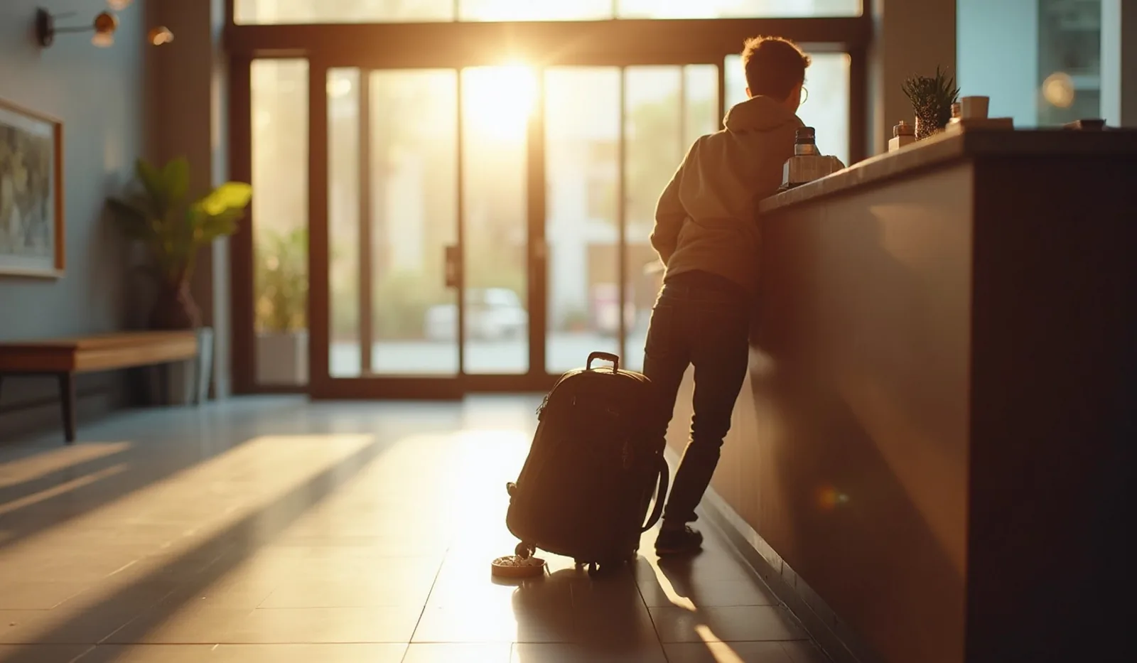 Seen from behind at a hotel front desk counter early on a weekday morning, a traveler rests a duffel bag at their feet beside a keycard sleeve and a small dish of mints, sunlight pouring through the lobby's glass doors behind them