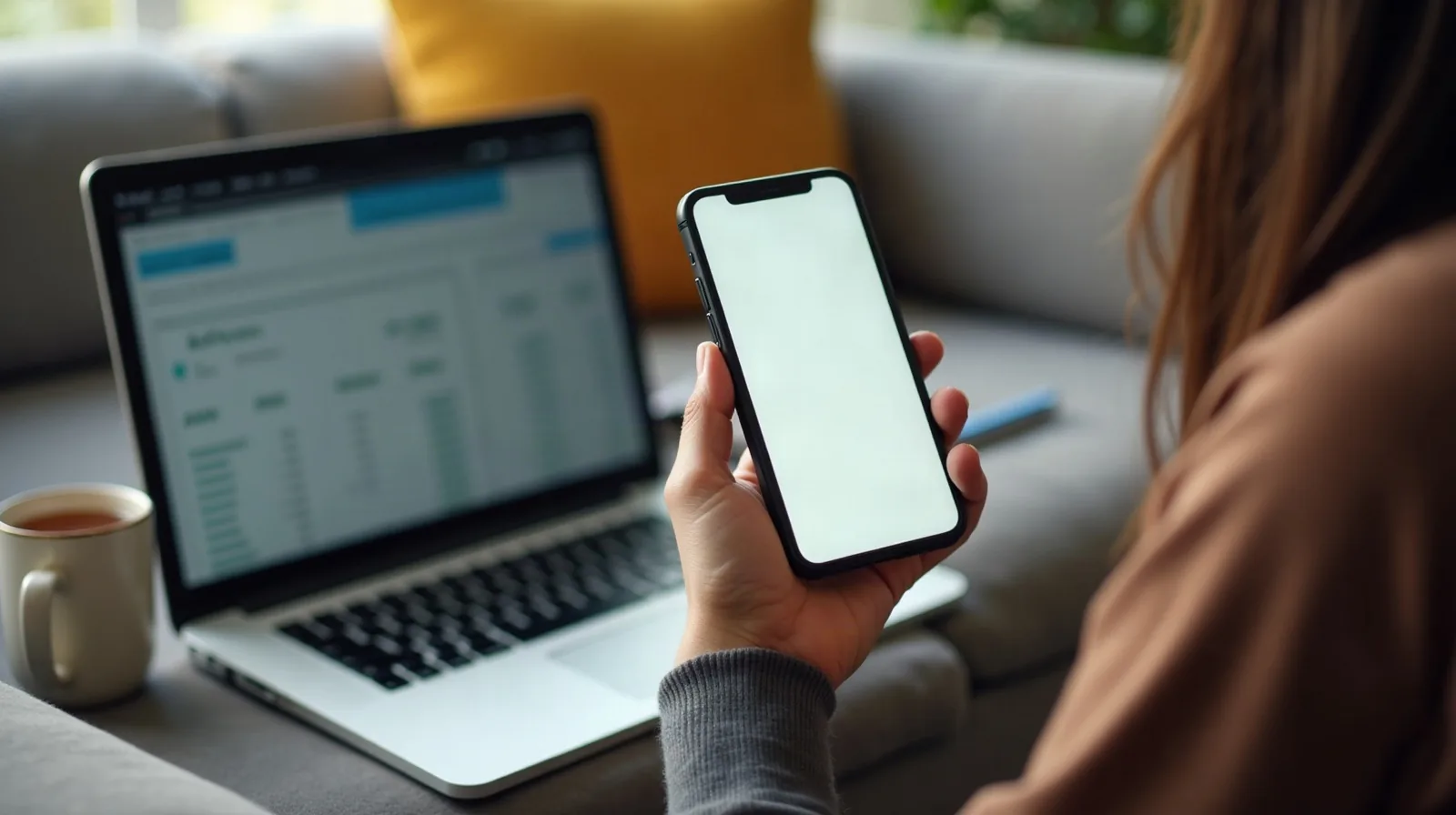 On a living room couch in the evening, someone holds a phone showing a blank blurred savings-interest summary screen beside an open laptop with a blank blurred spreadsheet, a mug of tea resting on the side table
