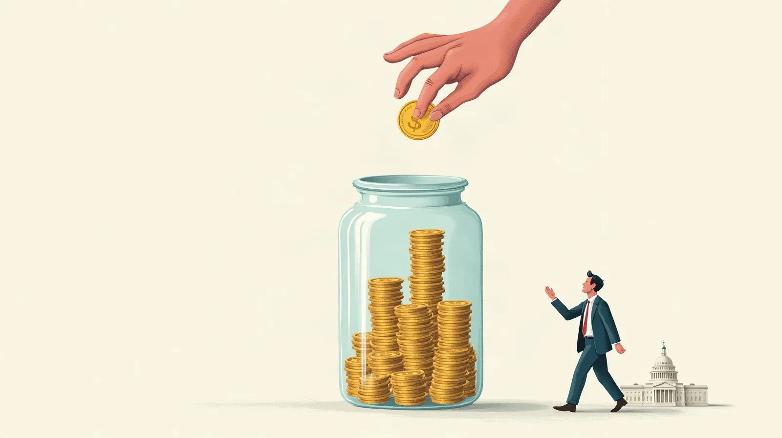 Illustration of a large hand lifting a stack of coins off the top of a tall coin-filled jar toward a small domed government-building icon standing beside it