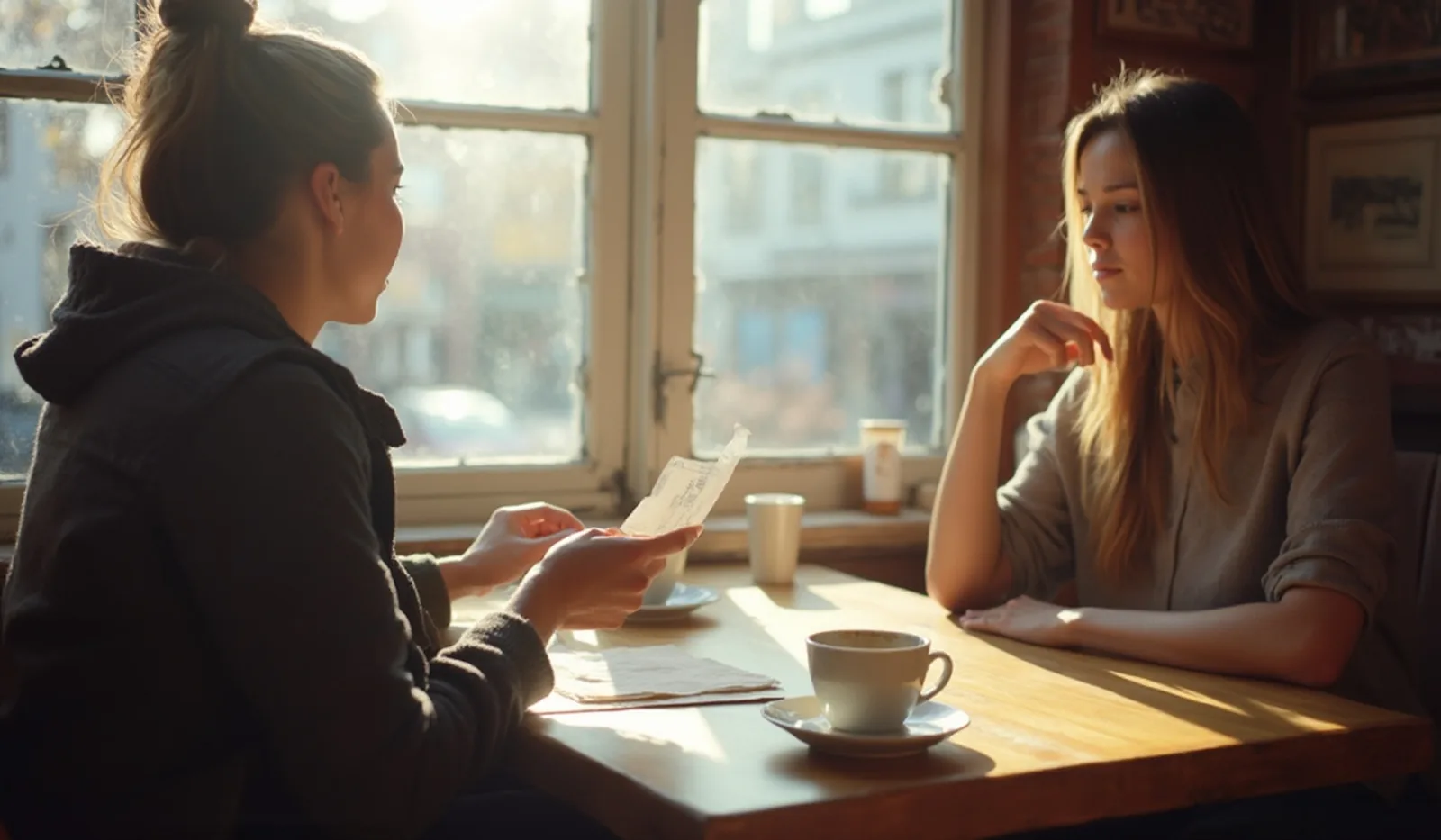 Two friends at a small cafe table seen from behind, one sliding a folded check across toward the other beside two coffee cups, bright morning window light