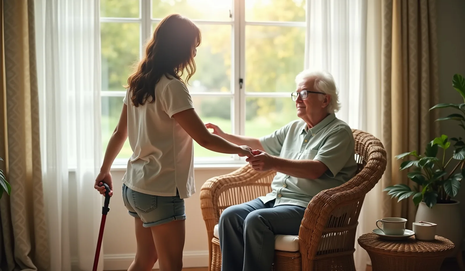 Seen from behind in a sunlit sunroom reading nook, an adult child steadies an elderly parent's arm as they rise from a wicker chair, a cane leaning against the chair leg and a cup of tea on a small side table, soft morning light through sheer curtains