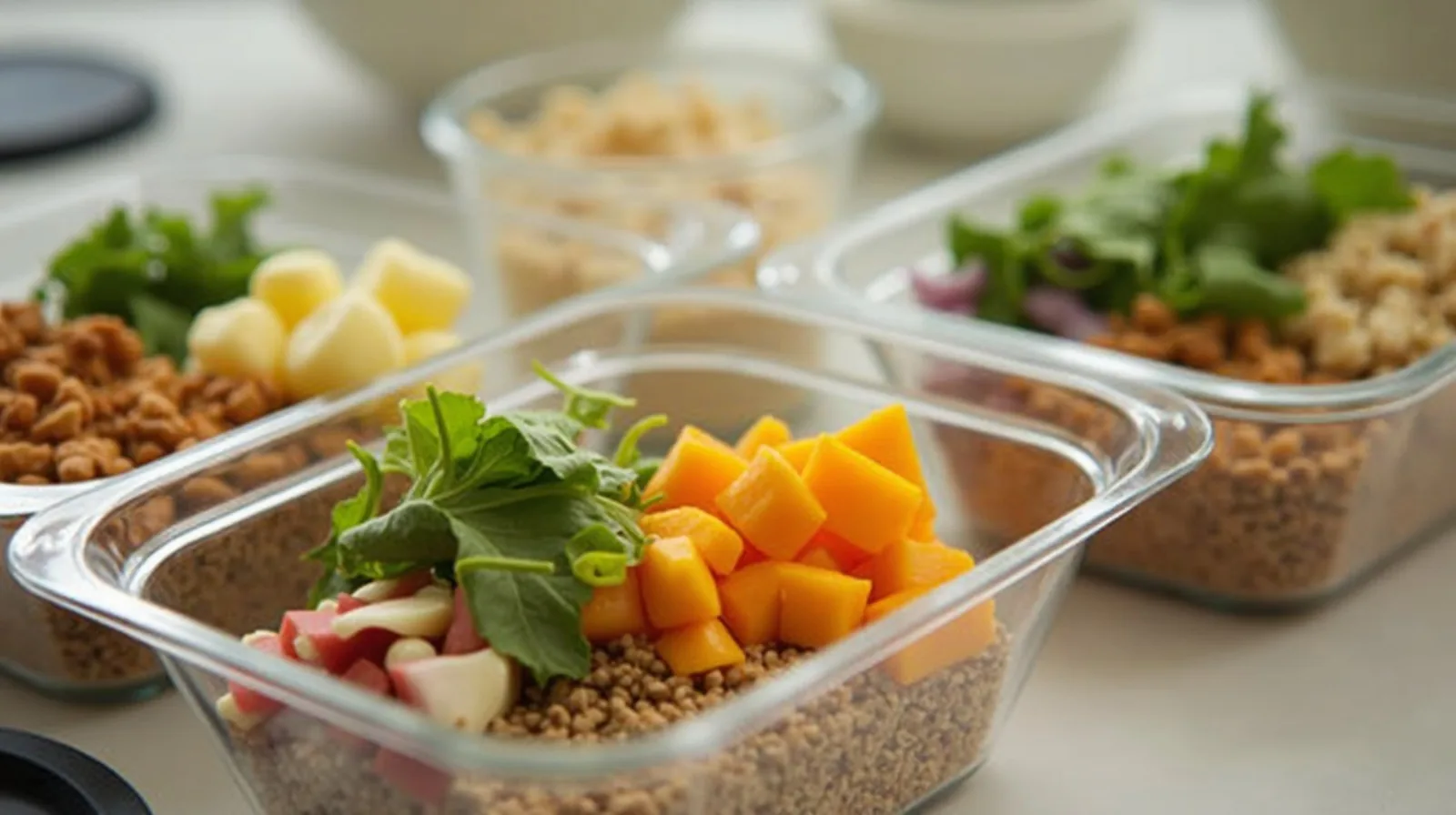 Glass containers of portioned meals on a counter