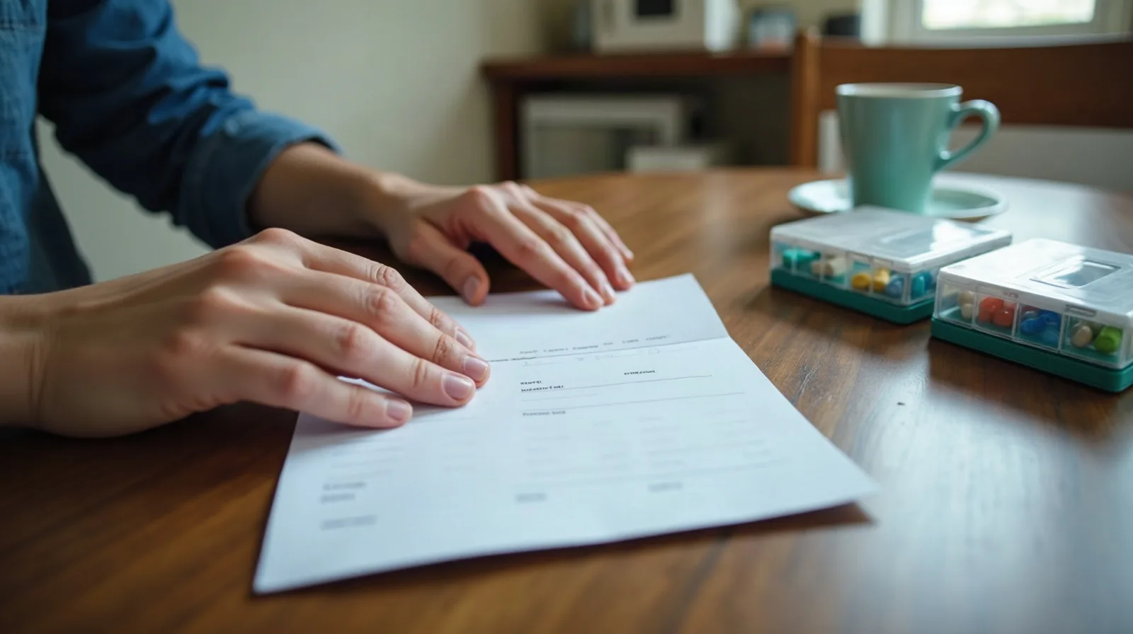Seen from behind at a dining table on a quiet early-autumn weekday morning, a yellow highlighter marking rows on a printed itemized hospital bill beside a short stack of insurance explanation-of-benefits statements, a phone propped against the paperwork showing a blank calculator screen, an open cardigan draped over the chair back and pale morning light coming through a nearby window
