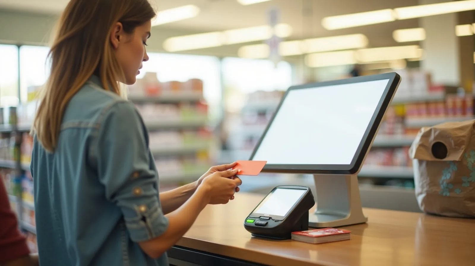 Seen from behind at a self-checkout kiosk in a grocery store, a shopper taps a card to the blank-screened reader beside a few bagged groceries and a small stack of gift cards, bright late-afternoon light through the front windows