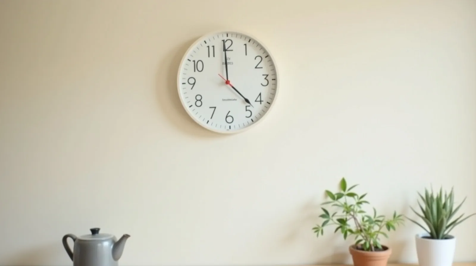 A wall clock beside a small potted plant