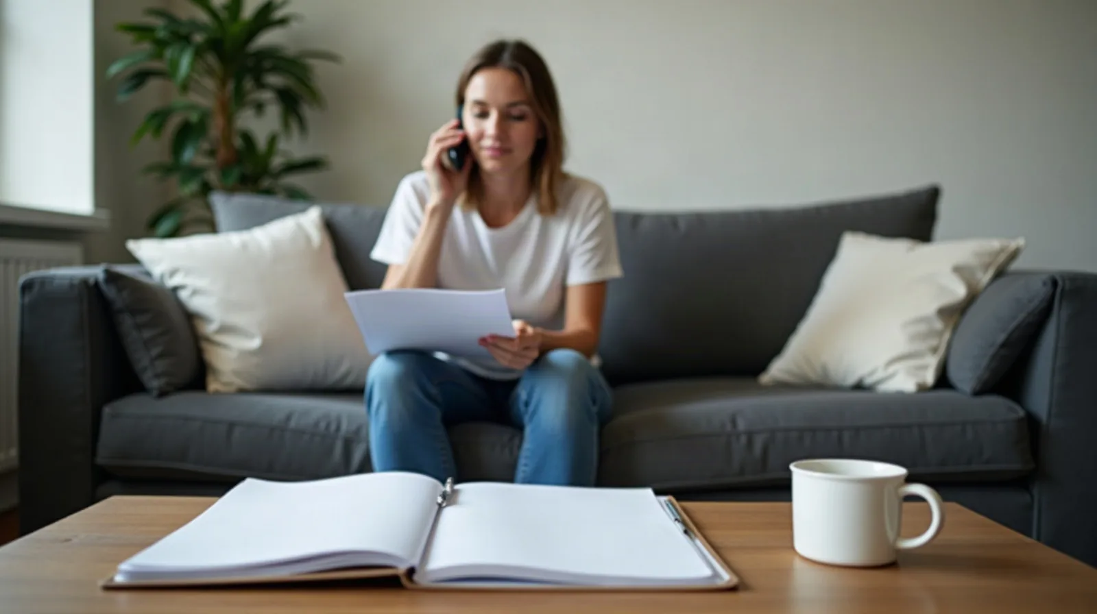 Sitting on a couch in a small living room on an overcast weekday morning, phone pressed to one ear, looking down at a stack of mortgage paperwork spread across the coffee table alongside a folded pair of reading glasses and a mug of coffee, a leafy plant and a glowing floor lamp softly blurred in the background