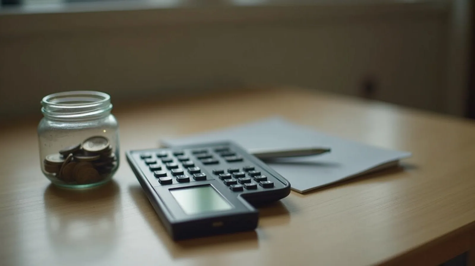 A jar of loose coins beside a calculator and a blank notepad with a pen on a wooden table