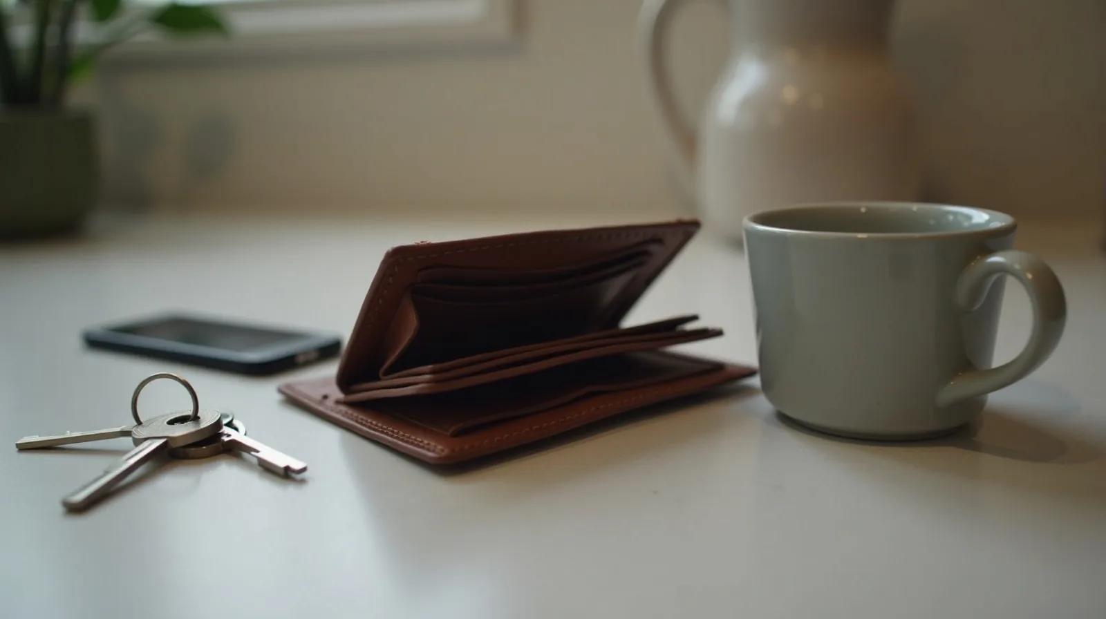An open empty wallet beside a takeout bag