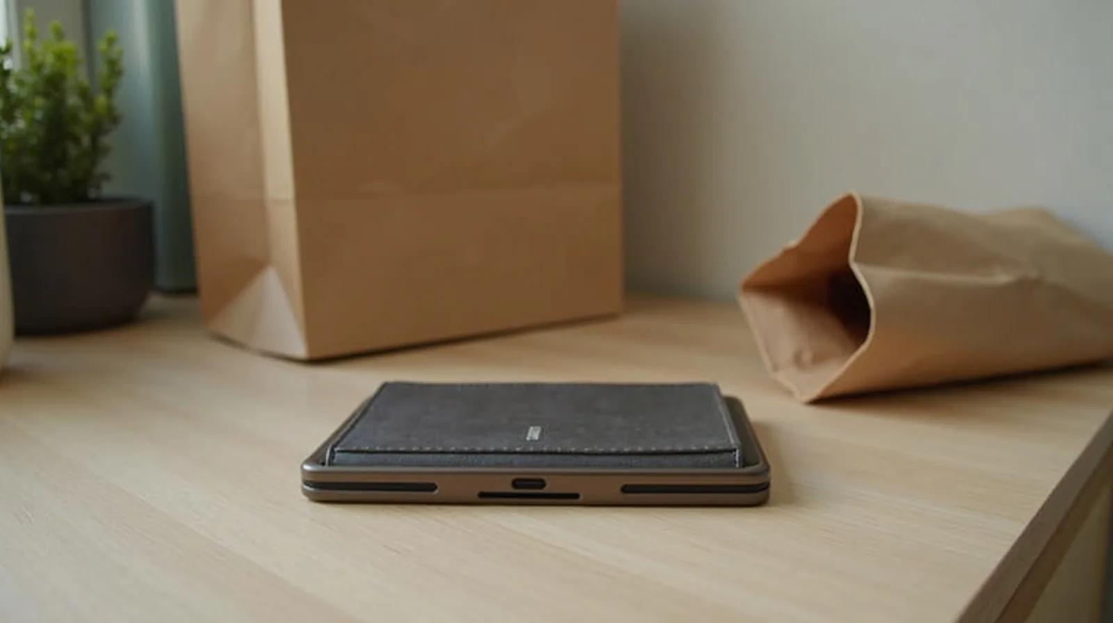 A phone showing a low balance beside subscription statements and a takeout bag