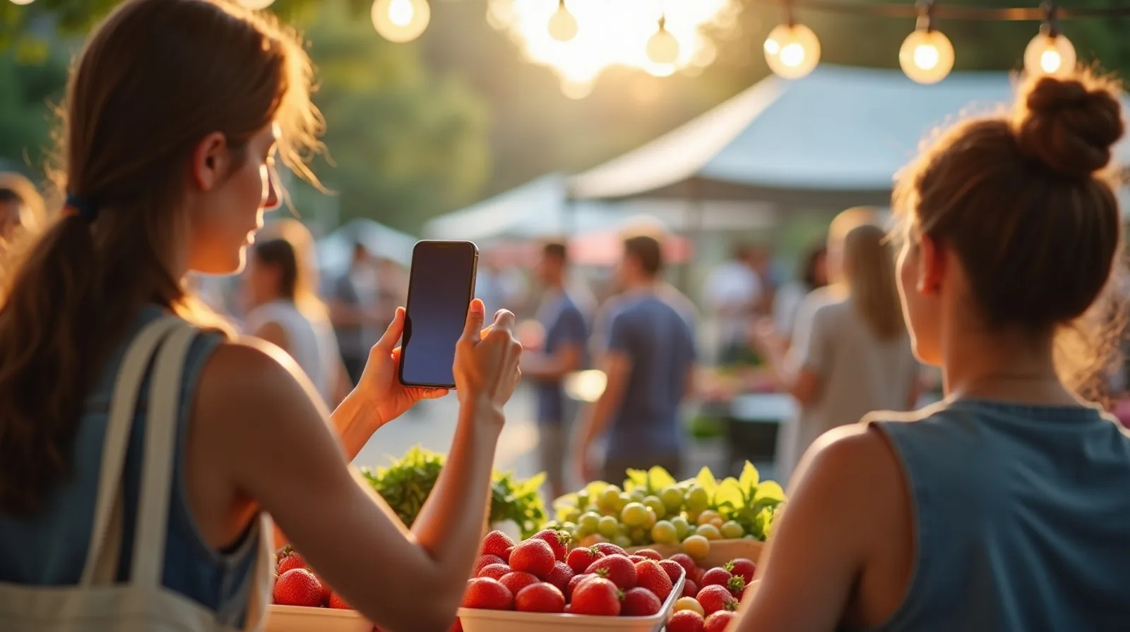 Seen from behind at an outdoor farmers-market food stall on a Saturday afternoon, someone holds up a phone with a blurred glowing screen toward a friend beside them, a paper tray of strawberries and a canvas tote bag resting on the stall's counter, string lights strung overhead in the bright midday sun