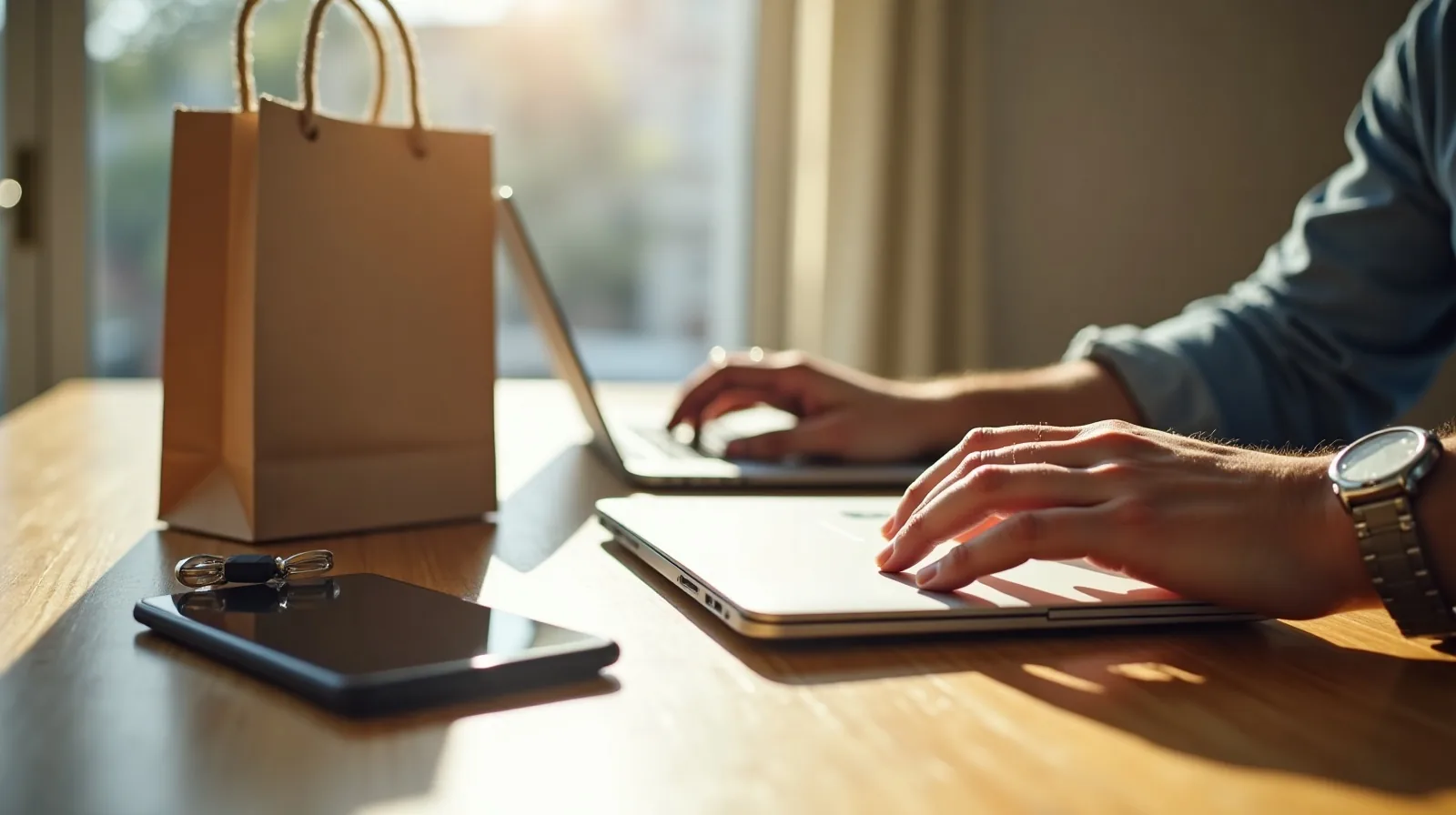 Close-up on a sunlit dining table at midday, a hand resting on a closed laptop while another hand holds a phone face-down, a small paper shopping bag and a set of keys nearby