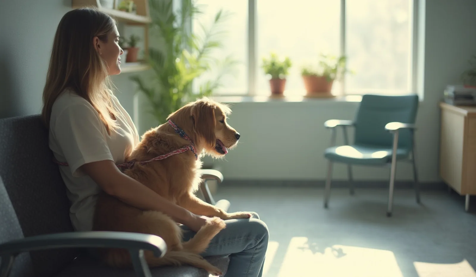 A person seen in profile on a veterinary clinic waiting-room bench with a leashed dog curled against their leg, bright window light beyond