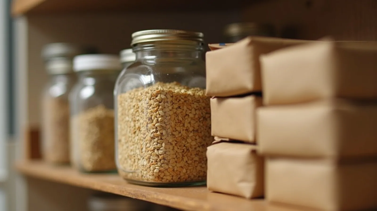 Close-up of bulk multipacks and a large jar of staples on a pantry shelf