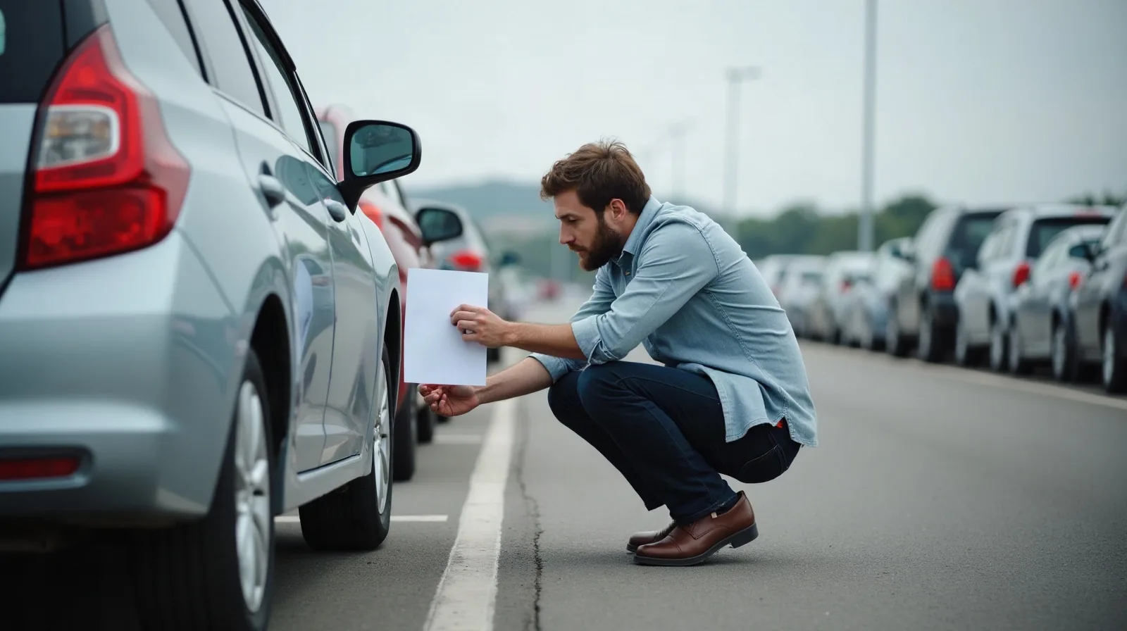 A traveler crouches beside a parked rental car in an open-air lot, running a hand along the rear bumper while holding a blank printed inspection sheet in the other hand
