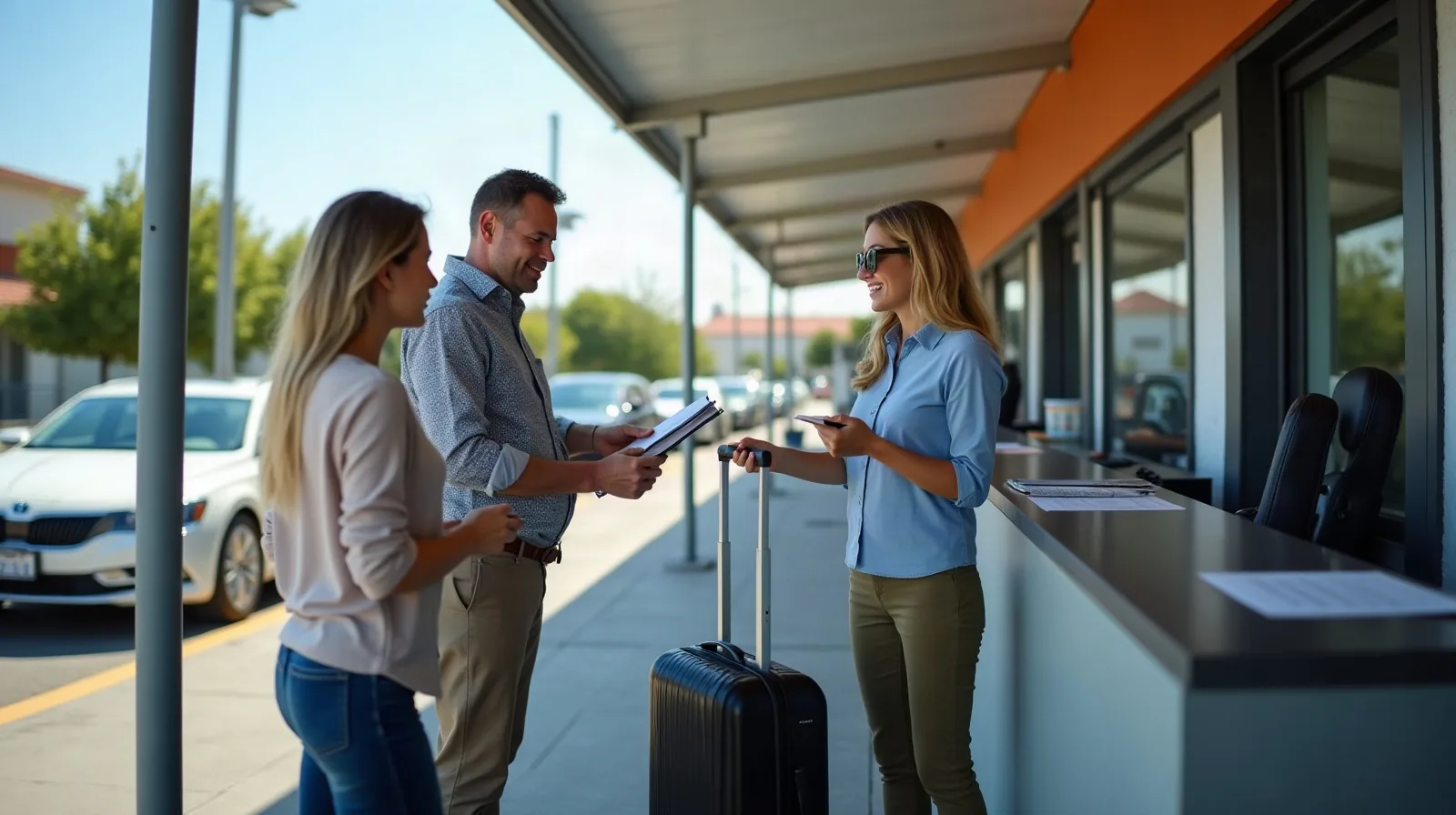 Under a small canopy at an outdoor rental car counter at midday, an agent hands a car key fob and a thin folder across the counter to a traveler with a rolling suitcase, a row of parked rental cars beneath a covered carport in the middle distance