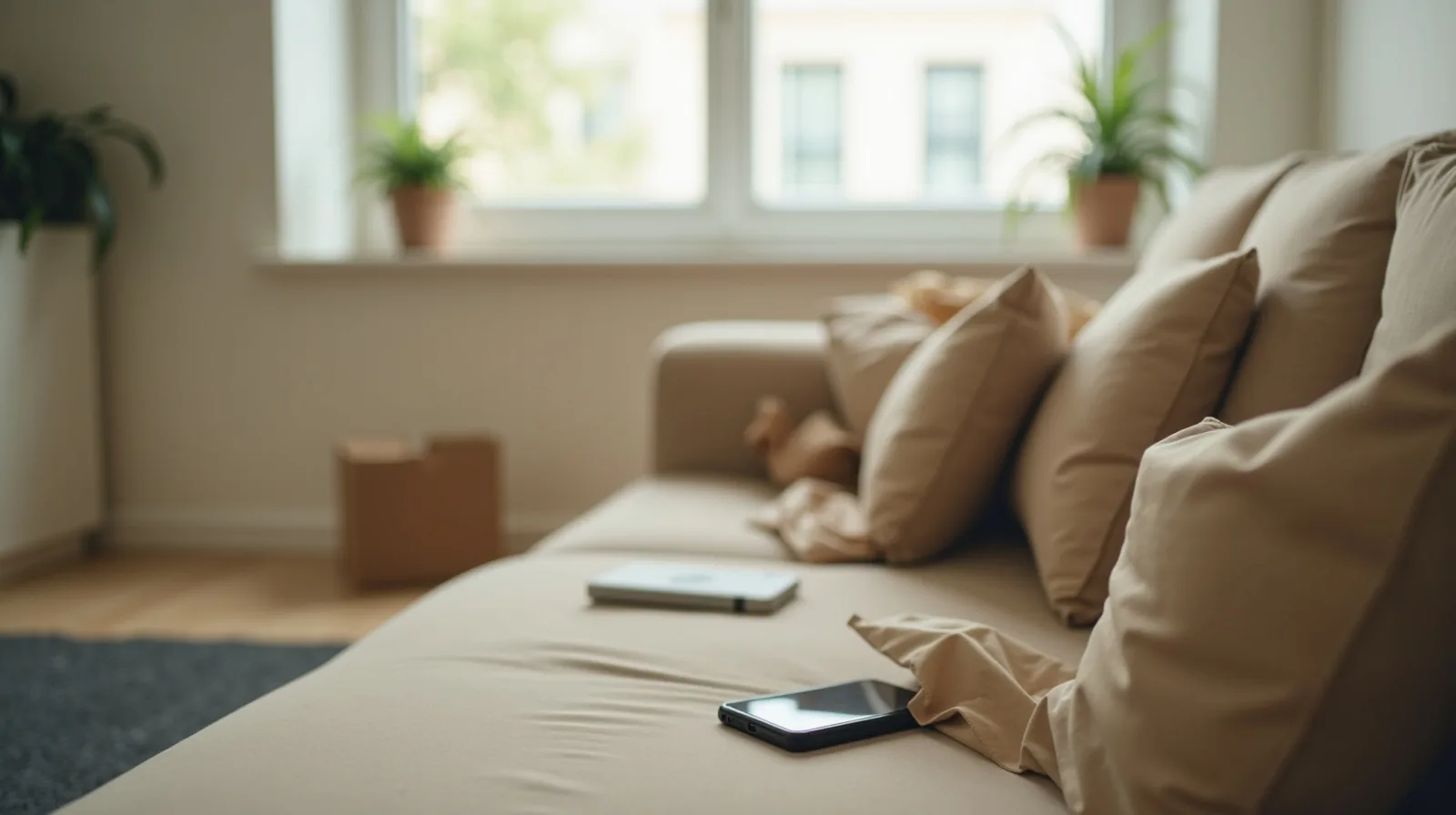 A rented apartment with moving boxes and a phone showing a coverage checklist