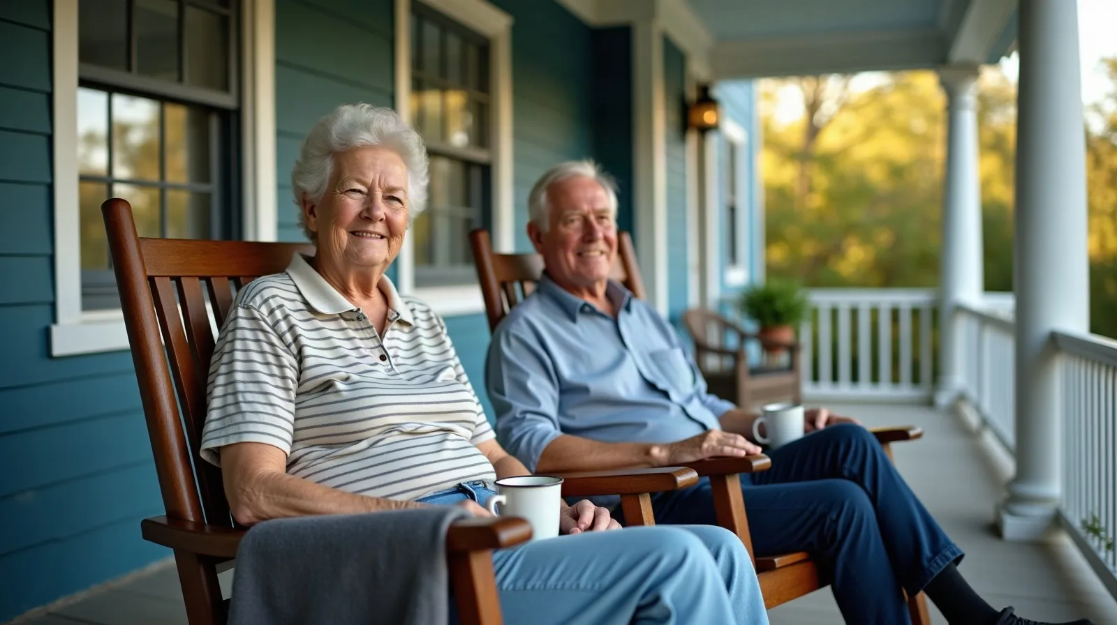 Cropped shoulders-down view at a sunlit home-office window nook on a crisp early-winter morning, a retiree-aged person's hands sort a short stack of blank folded paperwork into a folder, a pair of reading glasses resting on a closed notebook beside a mug of tea, frost tracing the corner of the window and a leafless garden visible beyond