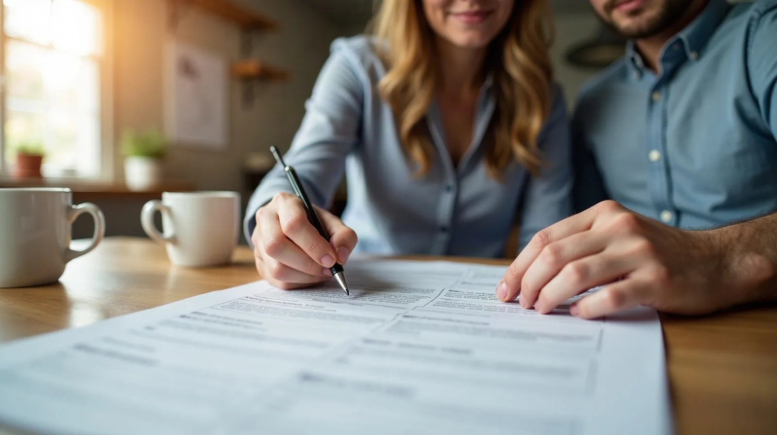 A parent tracing a finger down a blank printed life insurance policy summary at a sunlit kitchen table while a partner leans in from across the table