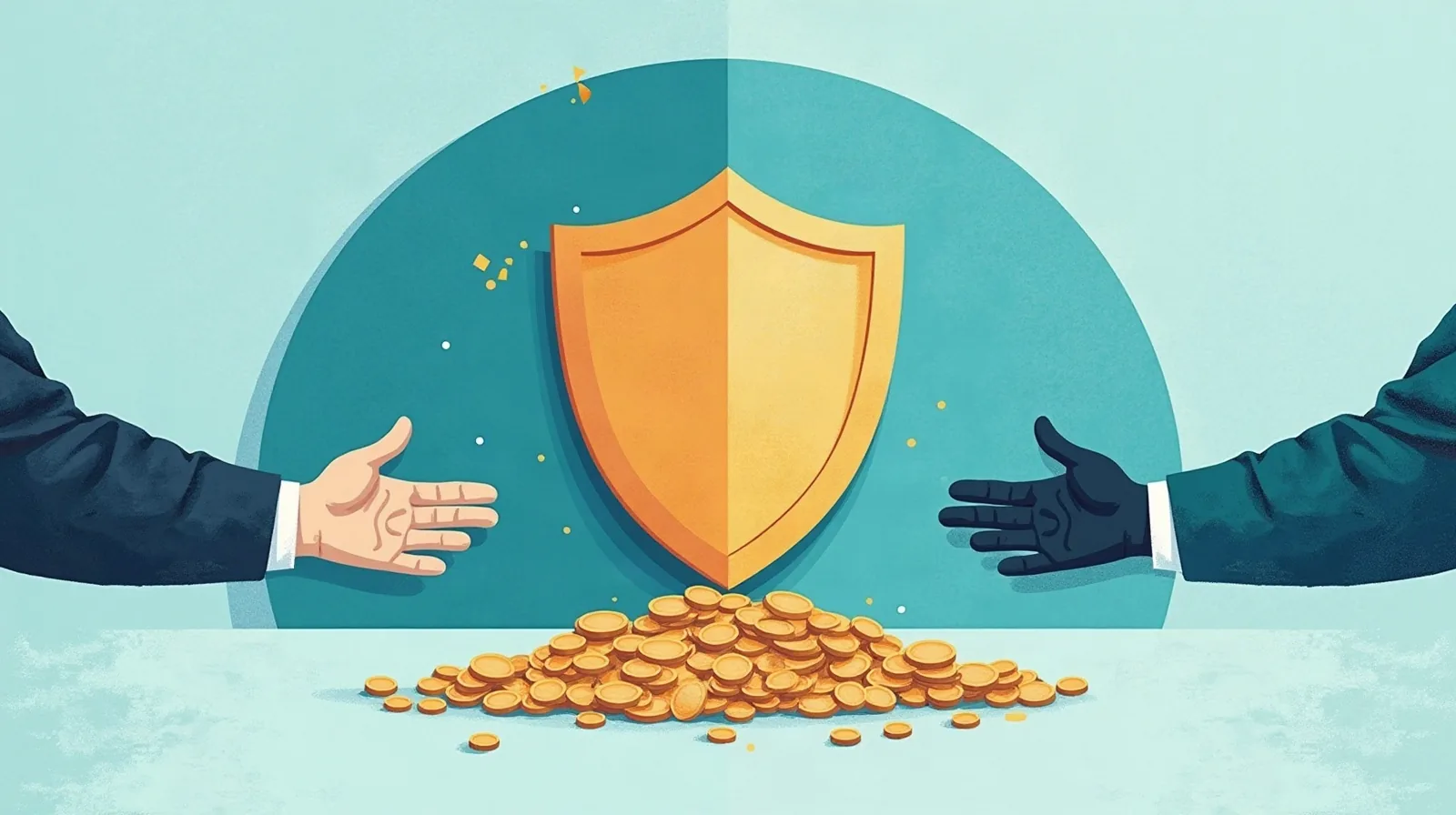 Illustration of coins arcing like a boomerang from one open hand into a shield and back out to a second open hand at the far end of a timeline