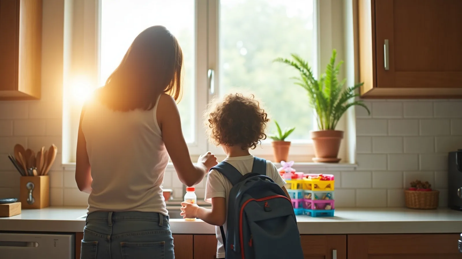 Seen from behind at a sunlit kitchen counter, a parent handing a child a water bottle beside a colorful weekly pill organizer, morning light and a potted fern on the windowsill