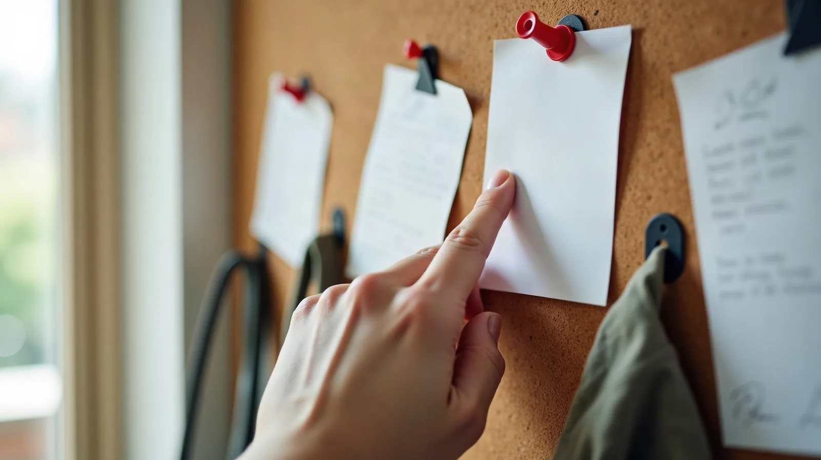 Tight close-up in a small apartment entryway on a bright morning, a hand pressing a red pushpin through a blank unmarked page onto a cork bulletin board crowded with overlapping blank notes and curling receipts, a dog leash and a canvas jacket hanging from a row of hooks just below, soft window light washing across the wall