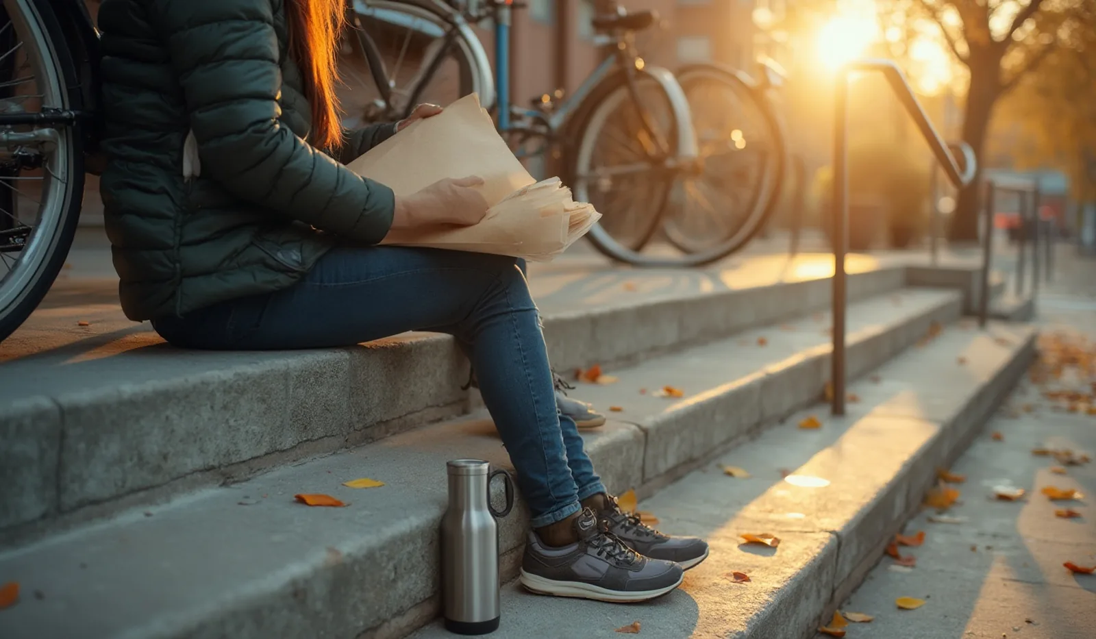 Seen from behind on the wide concrete steps outside a public library on a bright autumn morning, someone sits sorting a thick stack of blank unmarked pages into a worn manila folder balanced on their knees, a bicycle leaning against the metal handrail beside them and a dented steel thermos resting on the step, fallen leaves scattered across the concrete in low golden sunlight
