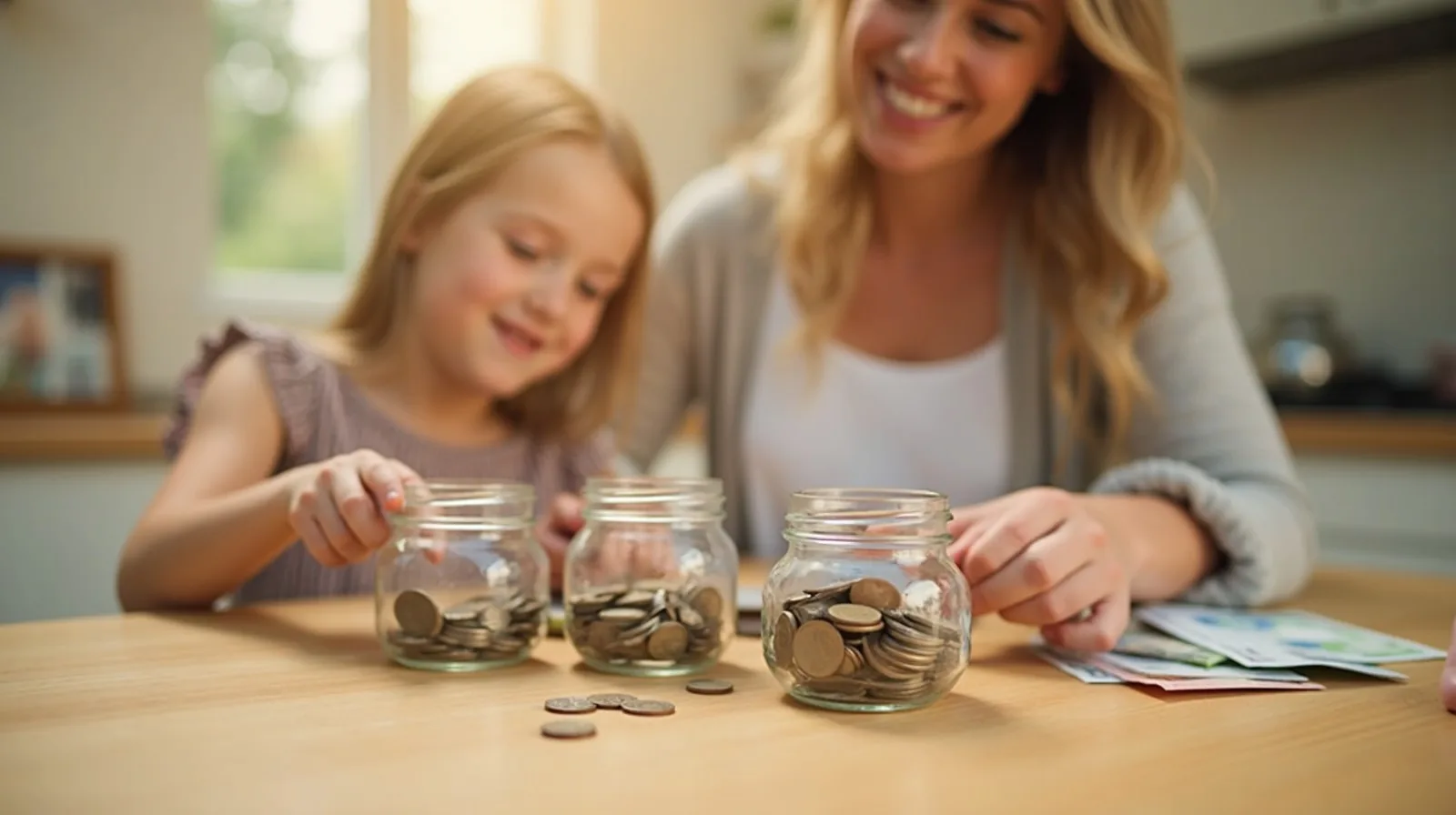 Three labeled jars for saving, spending, and giving beside coins and a child's hand dropping a coin