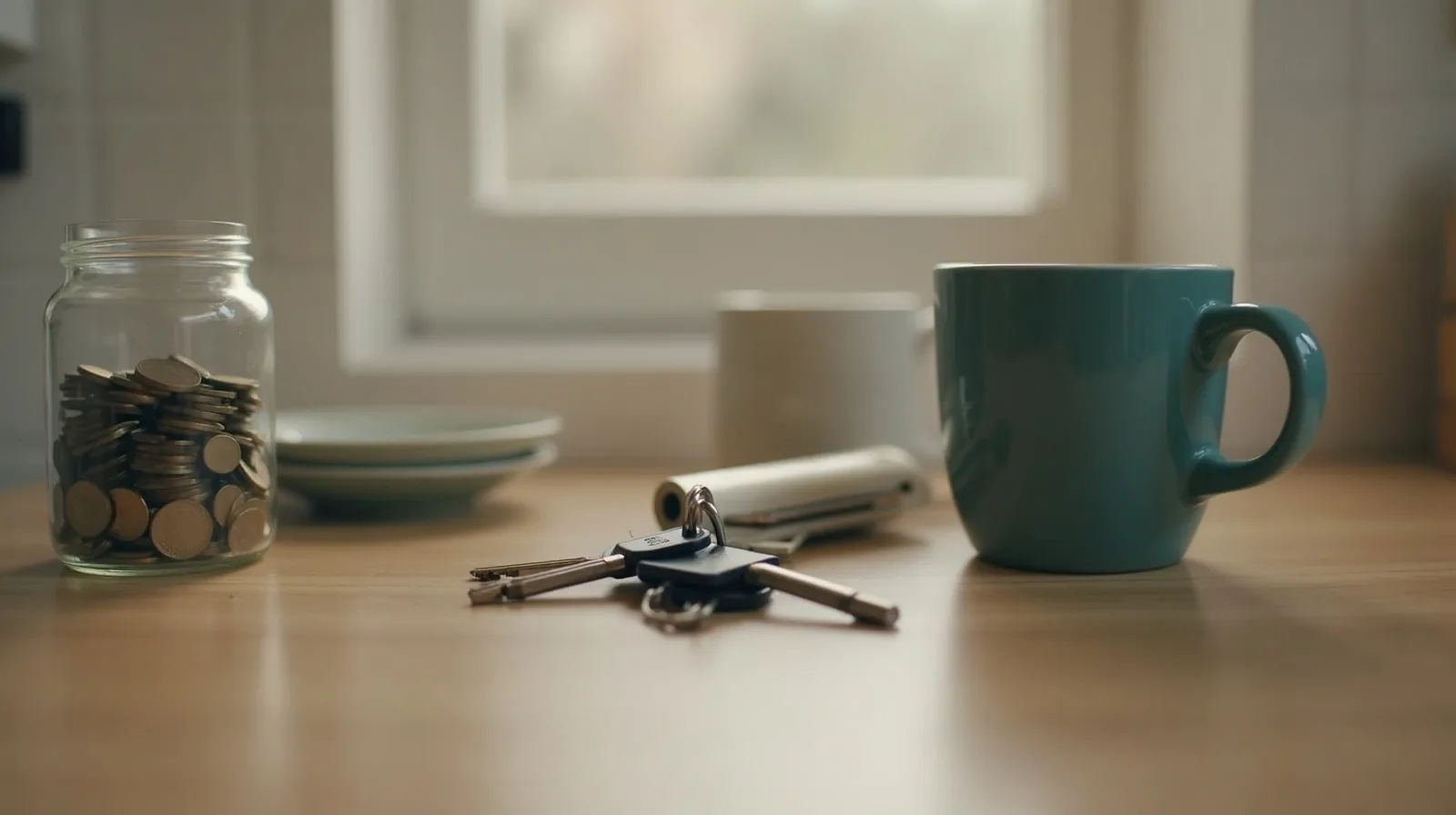 A coin jar, keys, and a mug on a counter