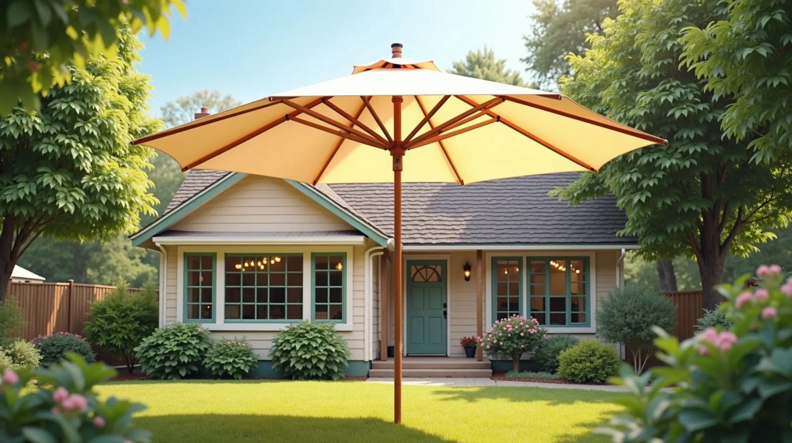 An open umbrella sheltering a small family home on a bright day