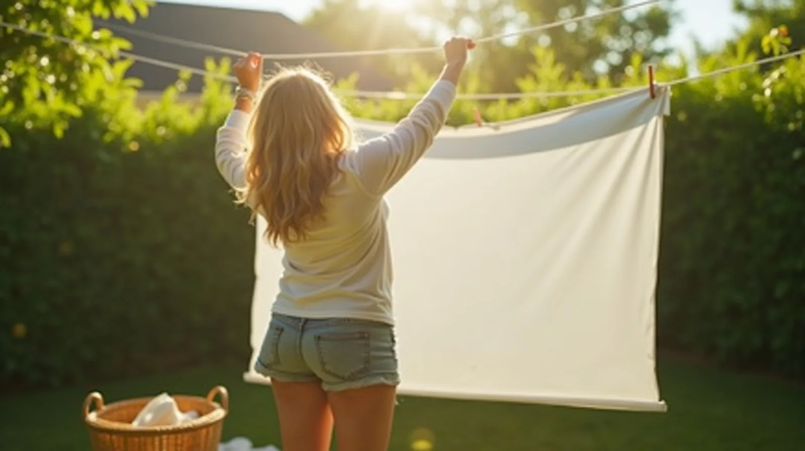 A person seen from behind hanging laundry on an outdoor line in a sunny summer backyard