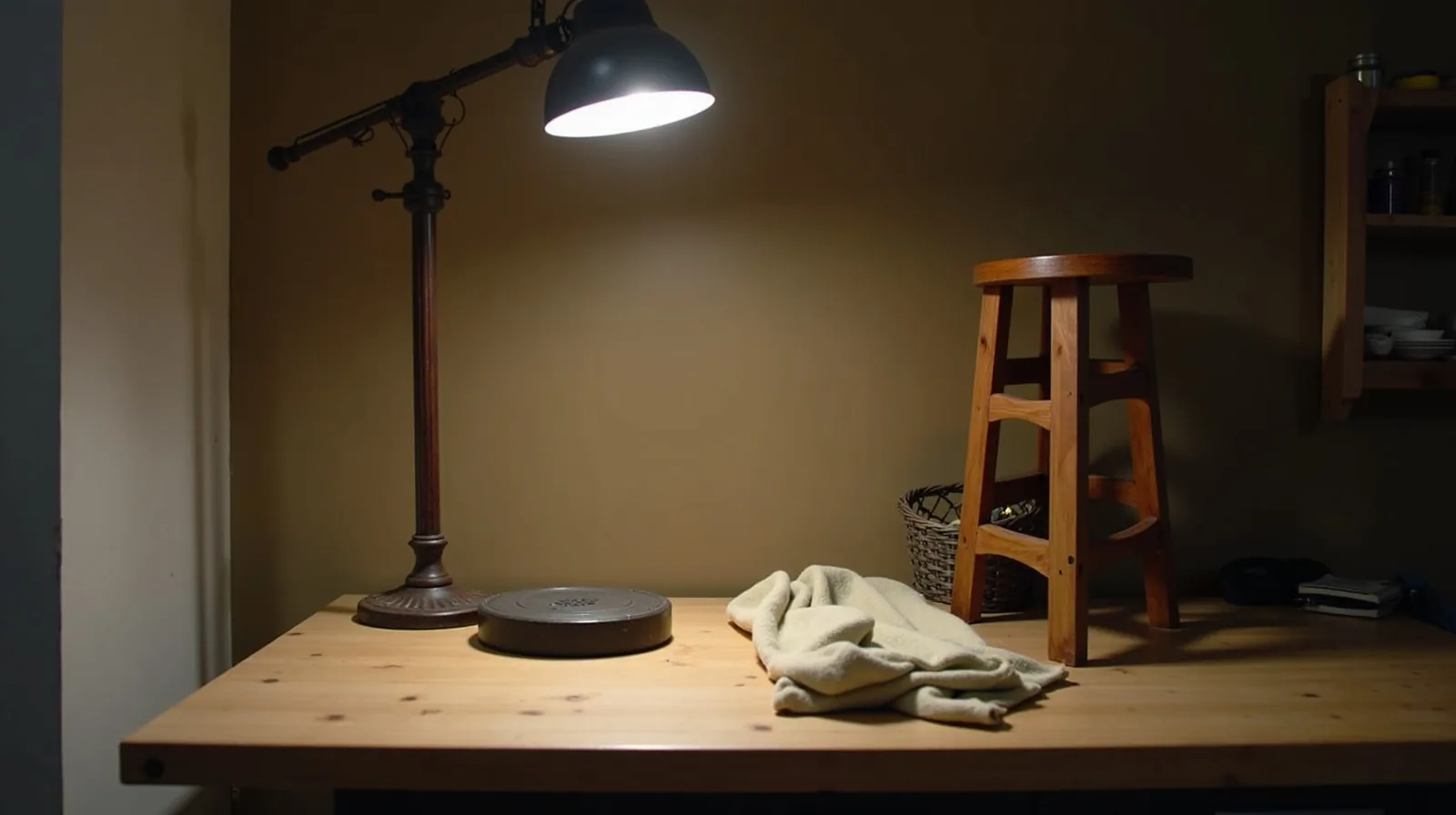 A cleaned-up vintage lamp and stool in a garage