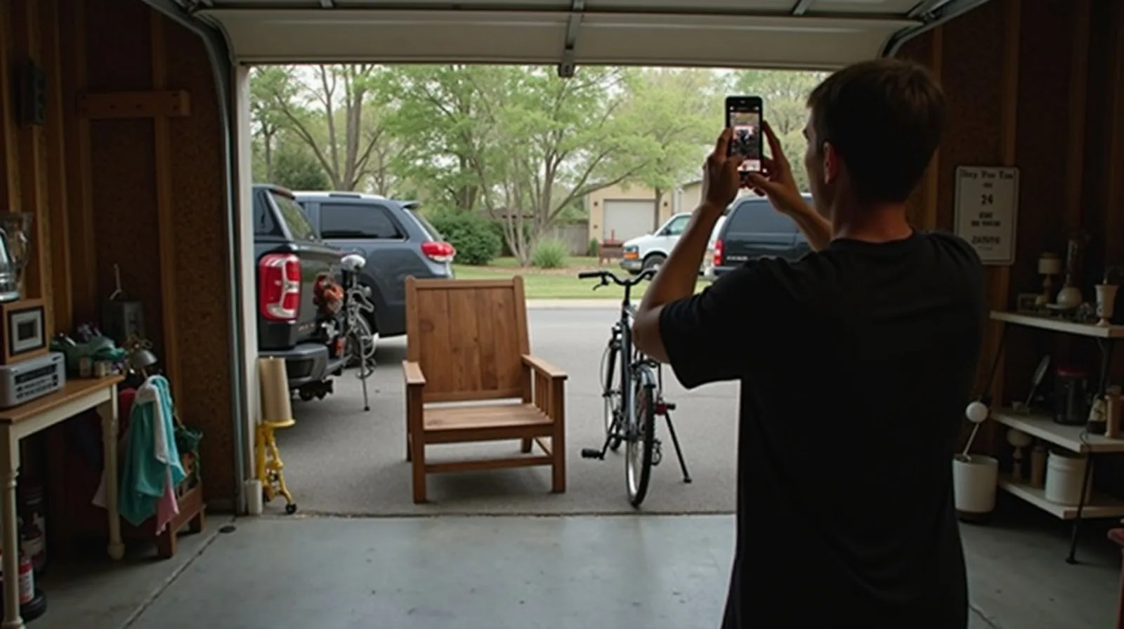 Secondhand finds cleaned up in a garage and staged for resale photos