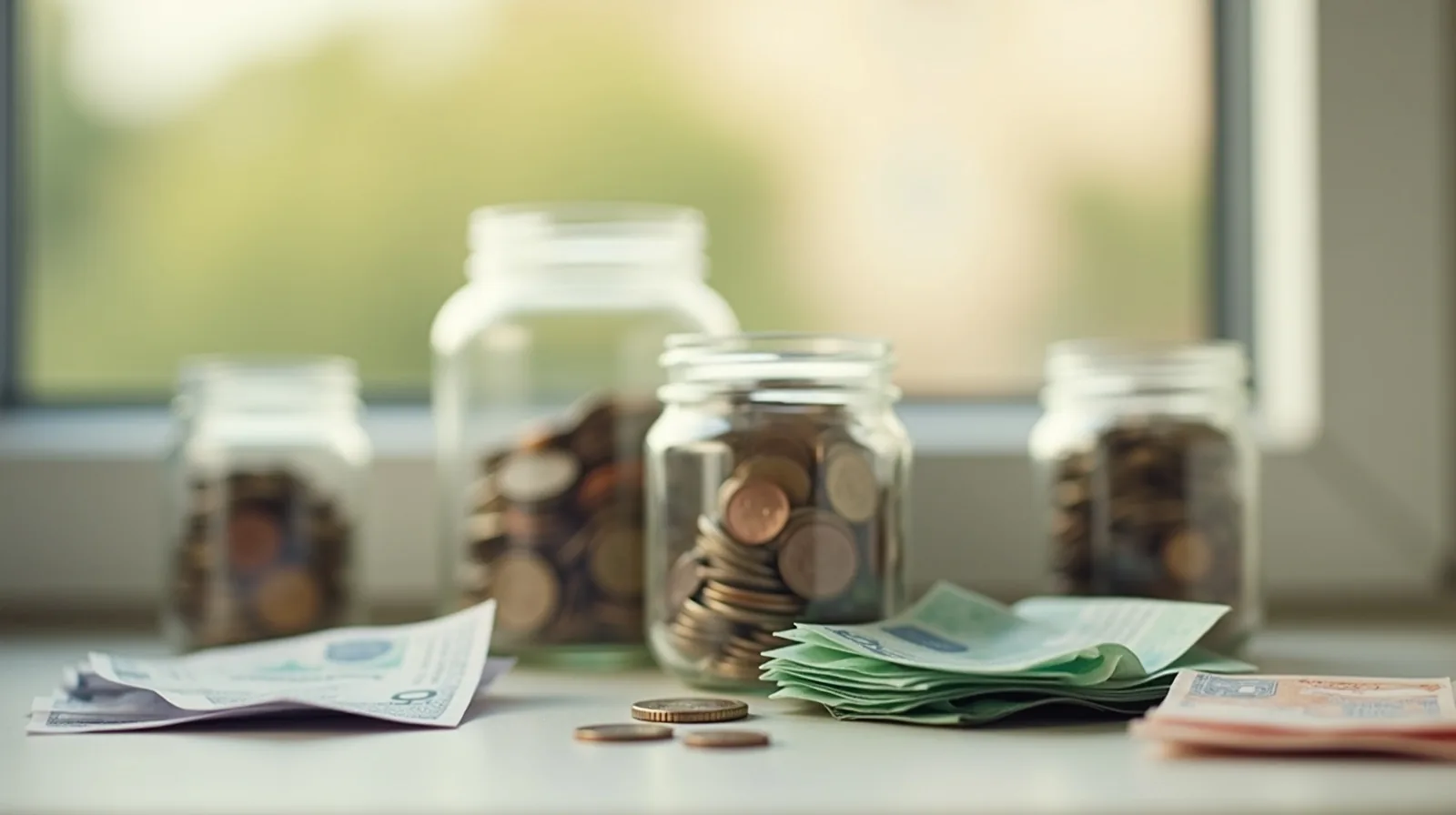 Labeled savings jars filling with coins
