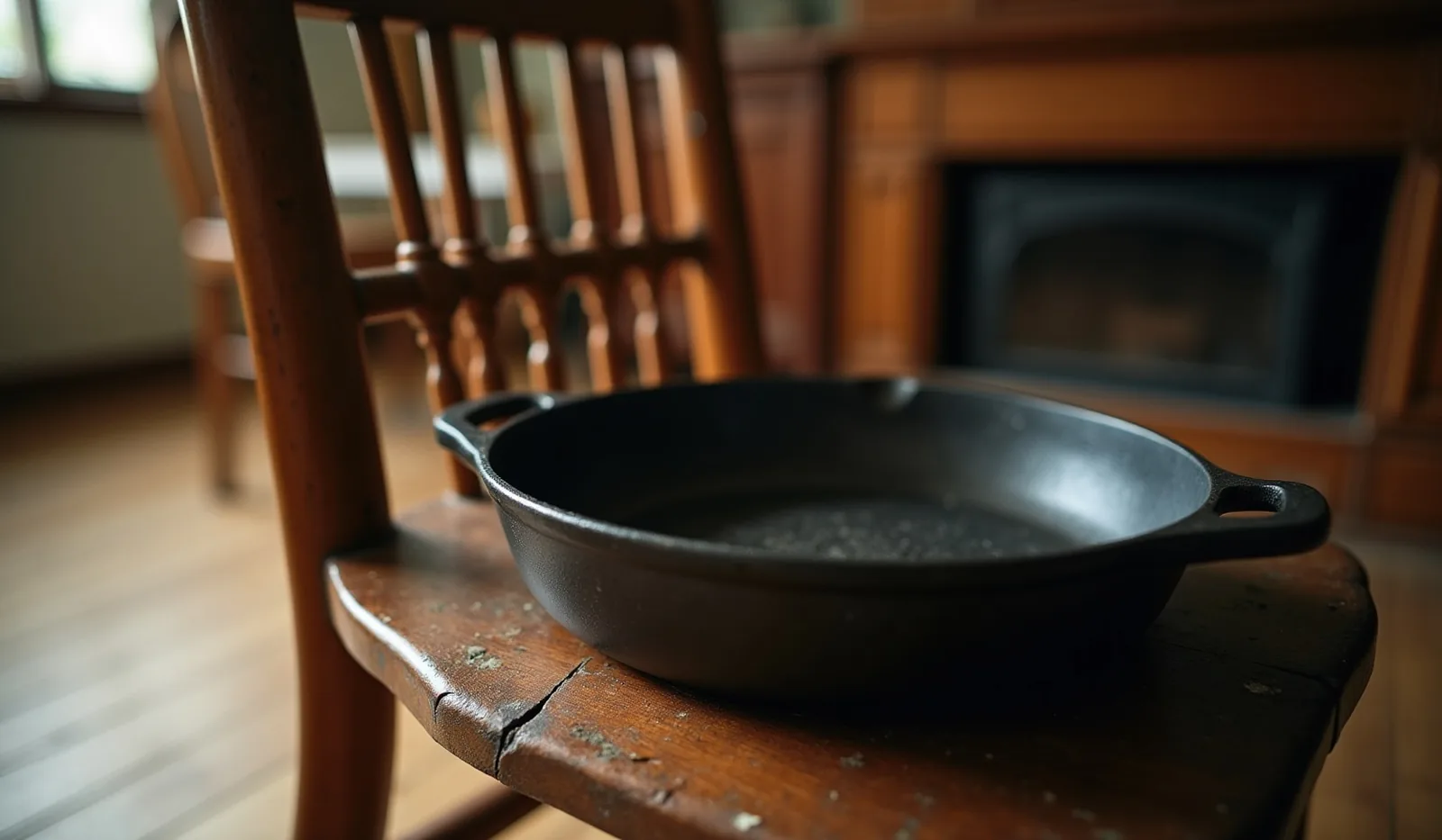 A secondhand wooden chair and cast-iron pan
