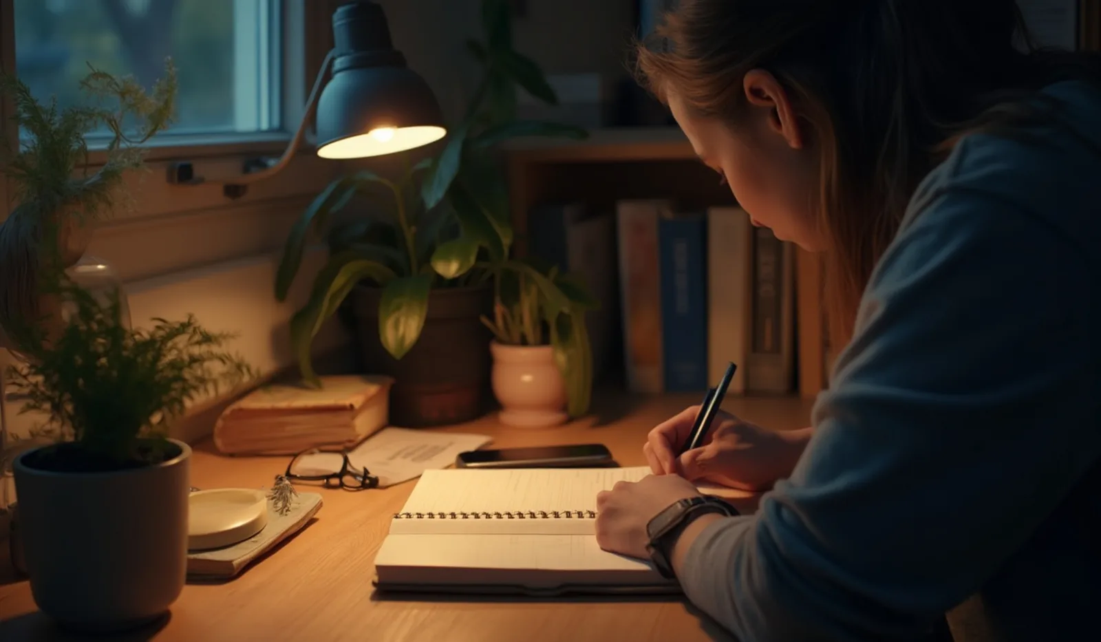 A person seen from behind at a lamp-lit home desk with a ledger notebook and reading glasses