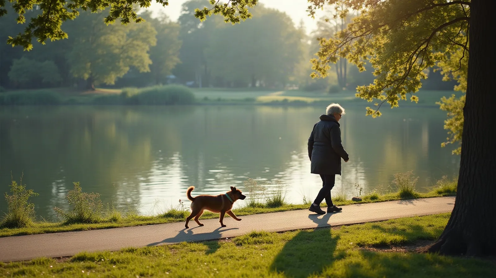 A retiree walking along a lake