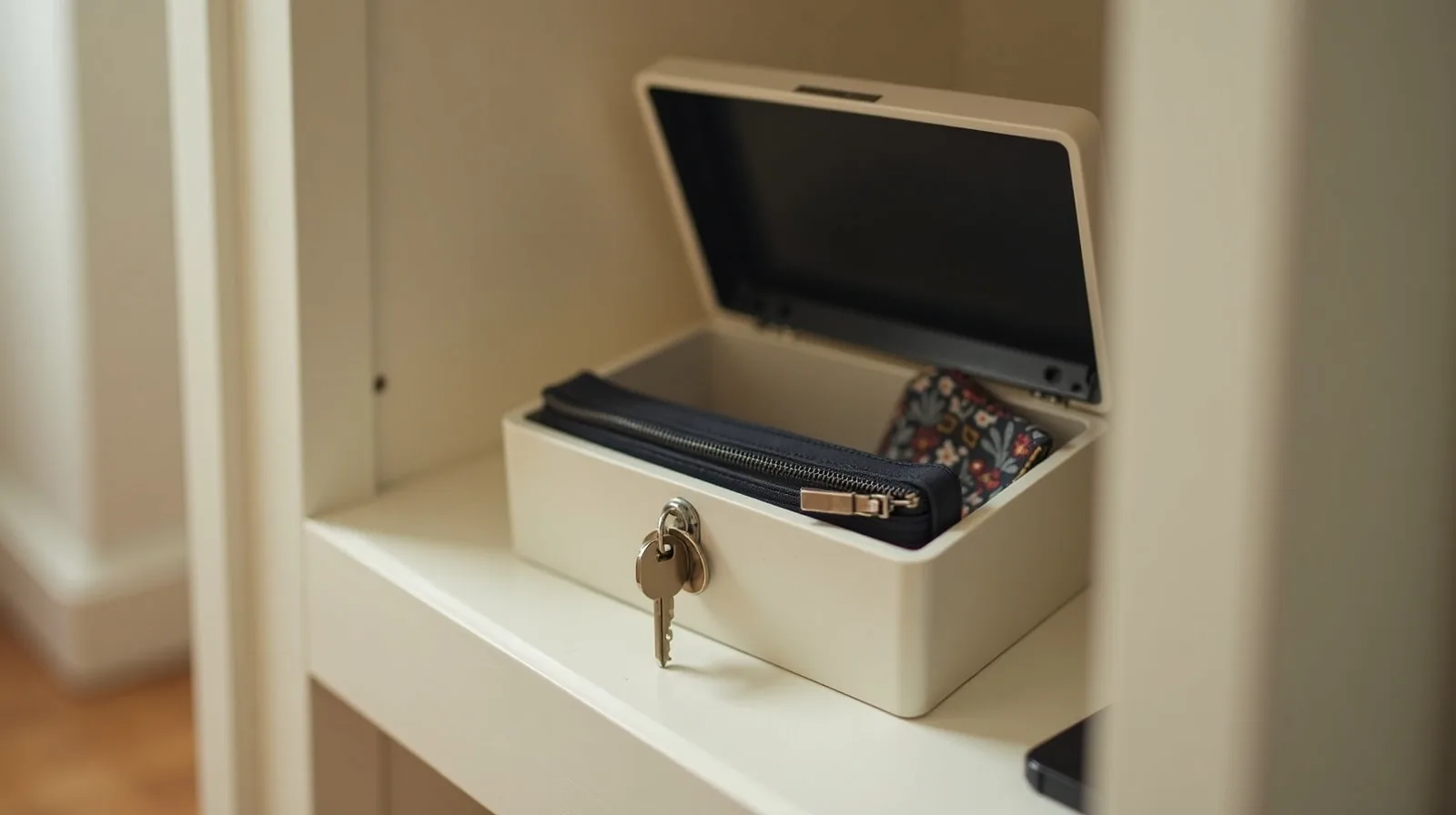 A small open fireproof lockbox on a closet shelf holding a zippered document pouch and a spare house key